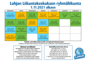 Lohjan Liikuntakeskuksen ryhmäliikuntakalenteri 1.11.2021 alkaen